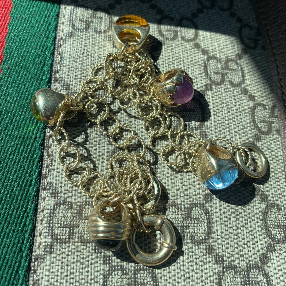 14K Yellow Gold Multi Stone Charm double chain link Bracelet